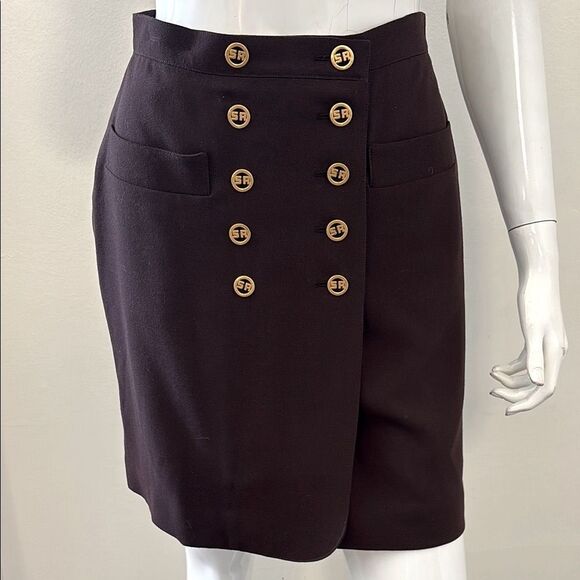 Vintage Sonia Rykiel Chocolate Midi Skirt w Double Breasted Style Gold Buttons - Picture 1 of 6
